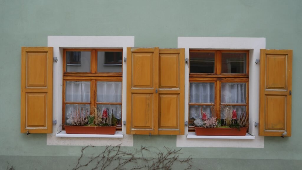 two windows with wooden shutters and plants in them